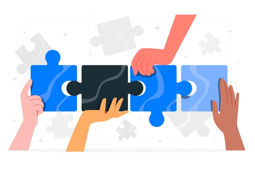 Illustrazione con mani che compongono un puzzle